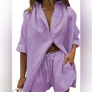 shorts and button-down shirt set, lilac color, size m